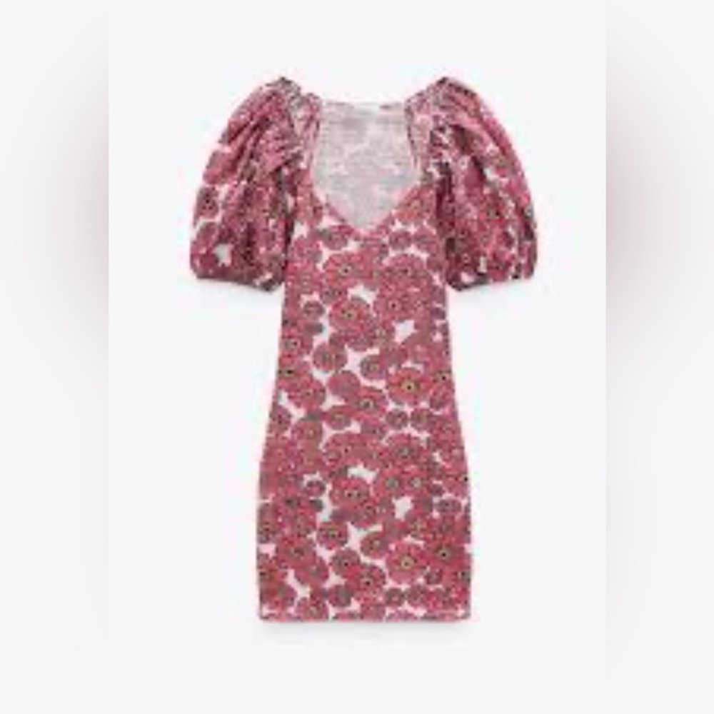 Zara Smocked Dress Size M Floral Puff Bodycon Mini Boho Cottagecore. NWT